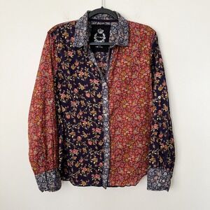 Cino Santiago Mixed Floral Print‎ Button Up Top Blue Red Womens Large